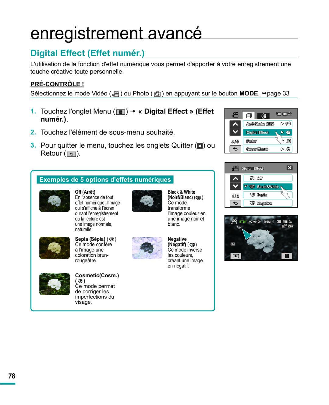 Samsung HMX-R10BP/EDC, HMX-R10SP/EDC Digital Effect Effet numér, 7RXFKHO RQJOHW0HQX t « Digital Effect » Effet numér 