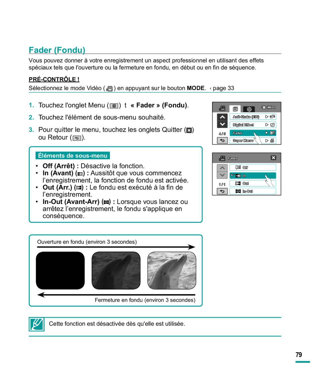 Samsung HMX-R10SP/EDC, HMX-R10BP/EDC manual Fader Fondu, In-OutAvant-Arr Lorsque vous lancez ou, Conséquence 