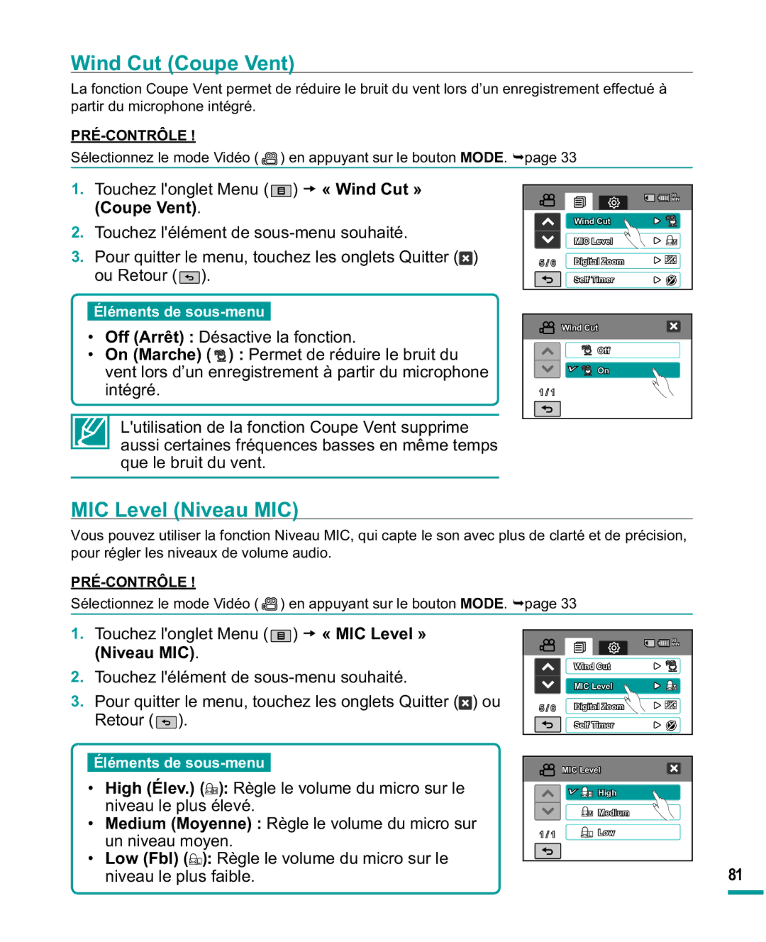 Samsung HMX-R10SP/EDC manual Wind Cut Coupe Vent, MIC Level Niveau MIC, 7RXFKHO RQJOHW0HQX t « Wind Cut » Coupe Vent 