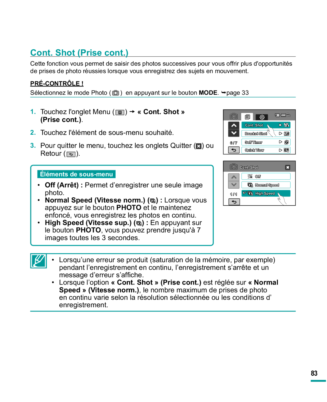 Samsung HMX-R10SP/EDC manual Cont. Shot Prise, 7RXFKHO RQJOHW0HQX t « Cont. Shot » Prise, PhvvdjhG¶HuuhxuV¶Di¿Fkh 