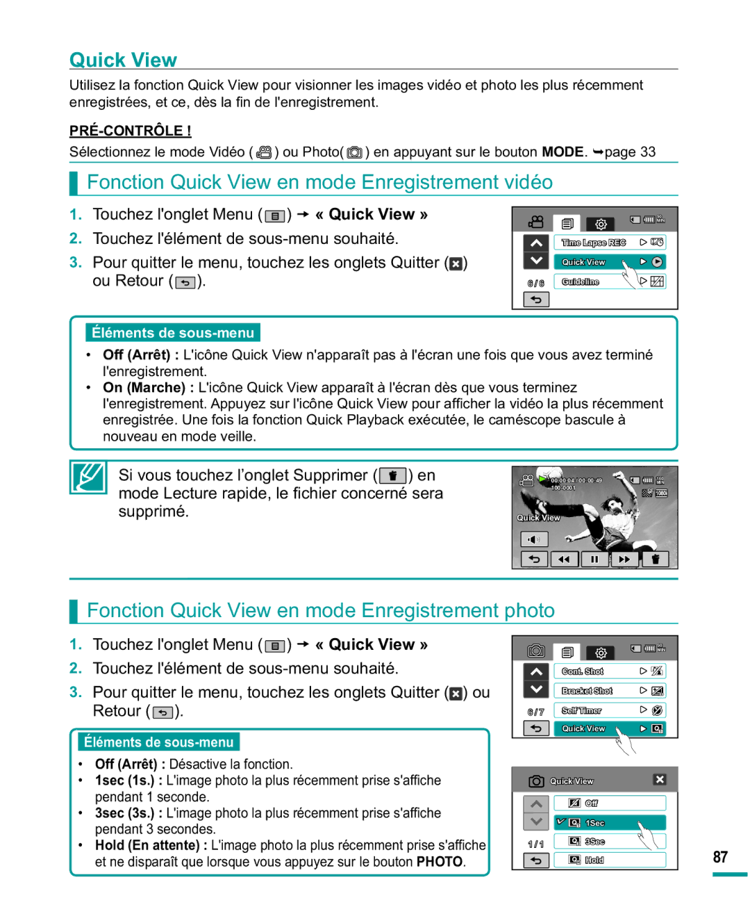 Samsung HMX-R10SP/EDC, HMX-R10BP/EDC manual Quick View, RQFWLRQ4XLFN9LHZHQPRGHQUHJLVWUHPHQWYLGpR 