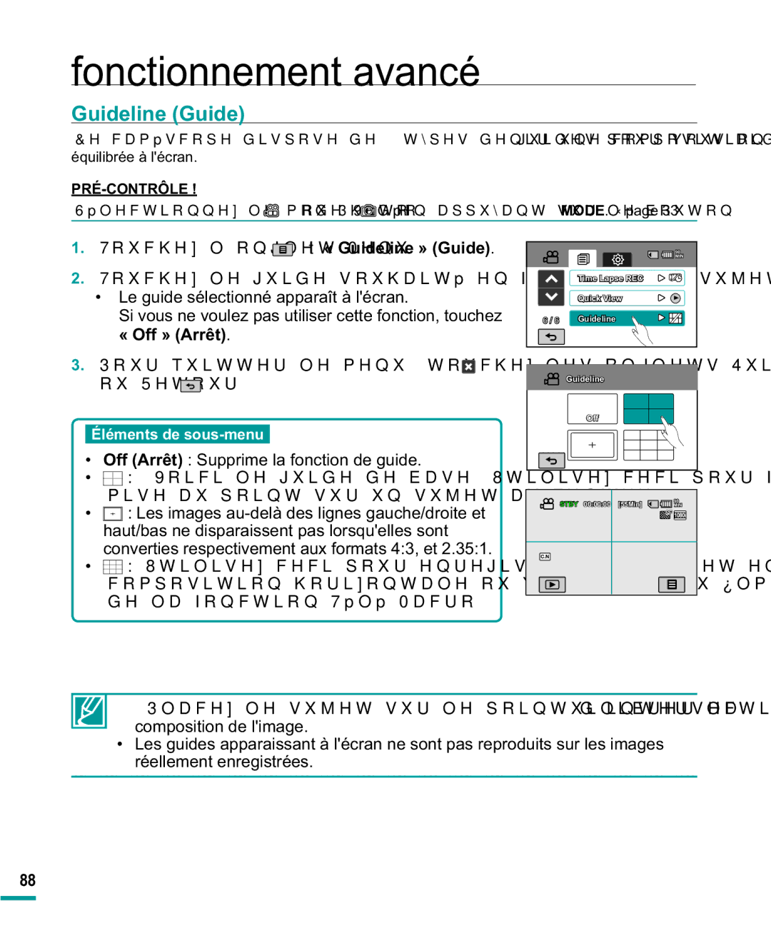 Samsung HMX-R10BP/EDC, HMX-R10SP/EDC manual Guideline Guide, Off Arrêt Supprime la fonction de guide 