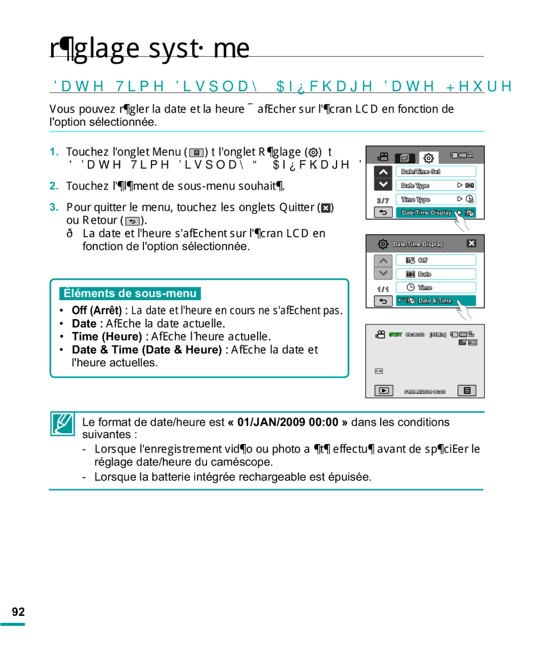 Samsung HMX-R10BP/EDC, HMX-R10SP/EDC manual DWH7LPHLVSOD\$I¿FKDJHDWH+HXUH, Fonction de loption sélectionnée 