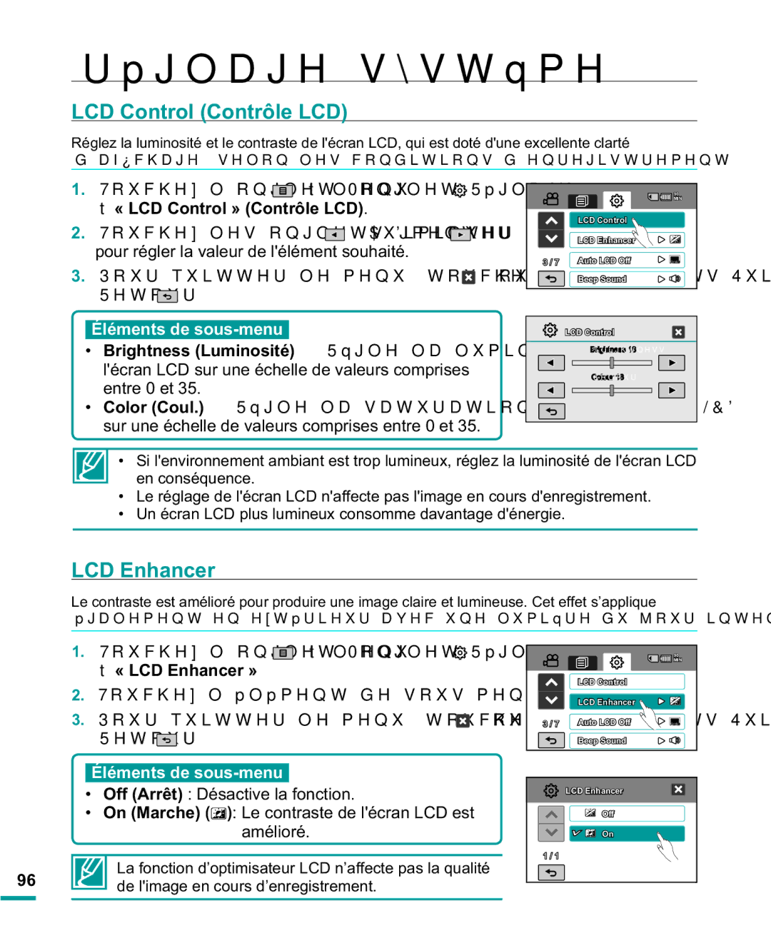 Samsung HMX-R10BP/EDC manual LCD Control Contrôle LCD, LCD Enhancer, Di¿FkdjhVhorqOhvFrqglwlrqvG Hquhjlvwuhphqw 