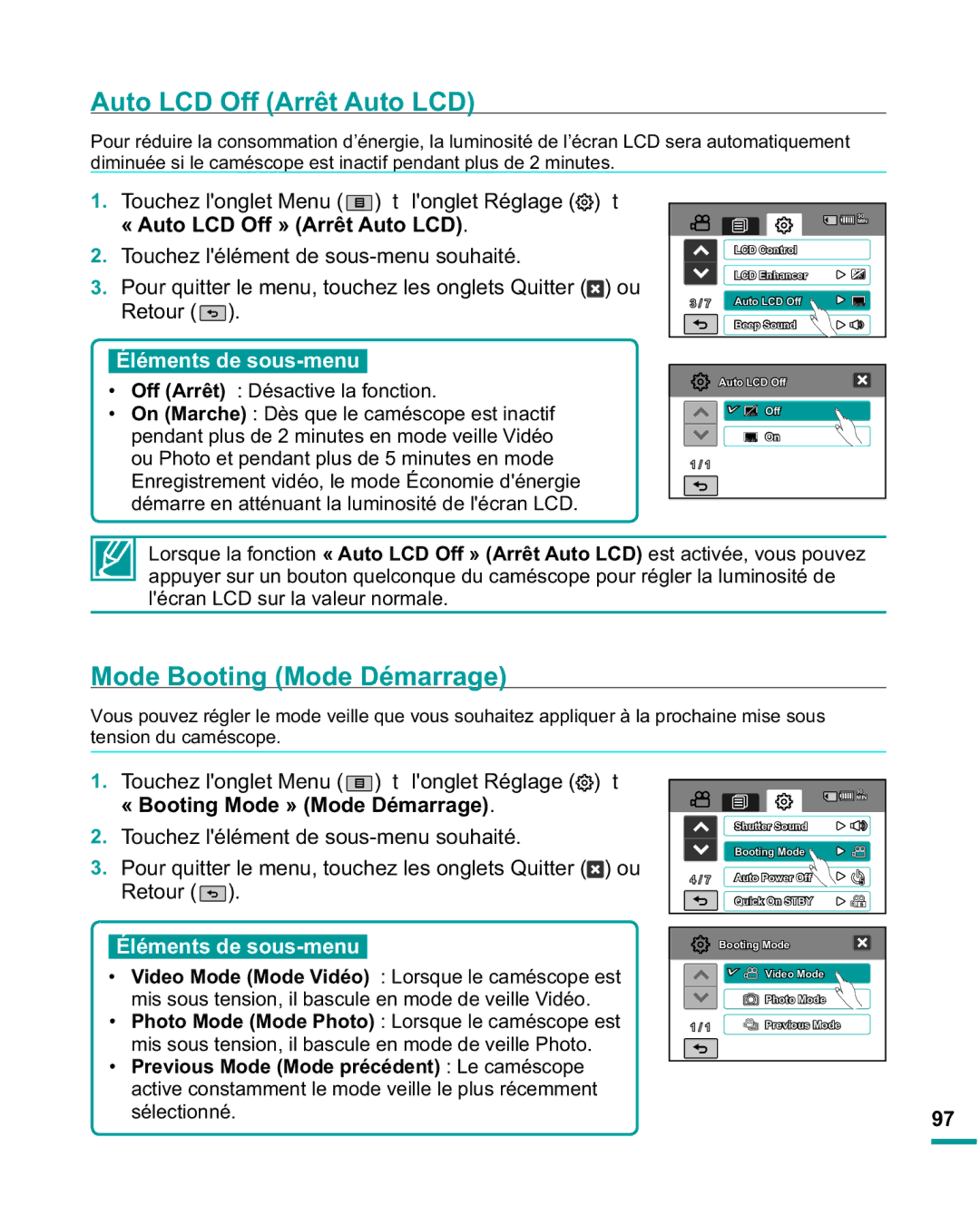 Samsung HMX-R10SP/EDC manual Auto LCD Off Arrêt Auto LCD, Mode Booting Mode Démarrage, « Auto LCD Off » Arrêt Auto LCD 