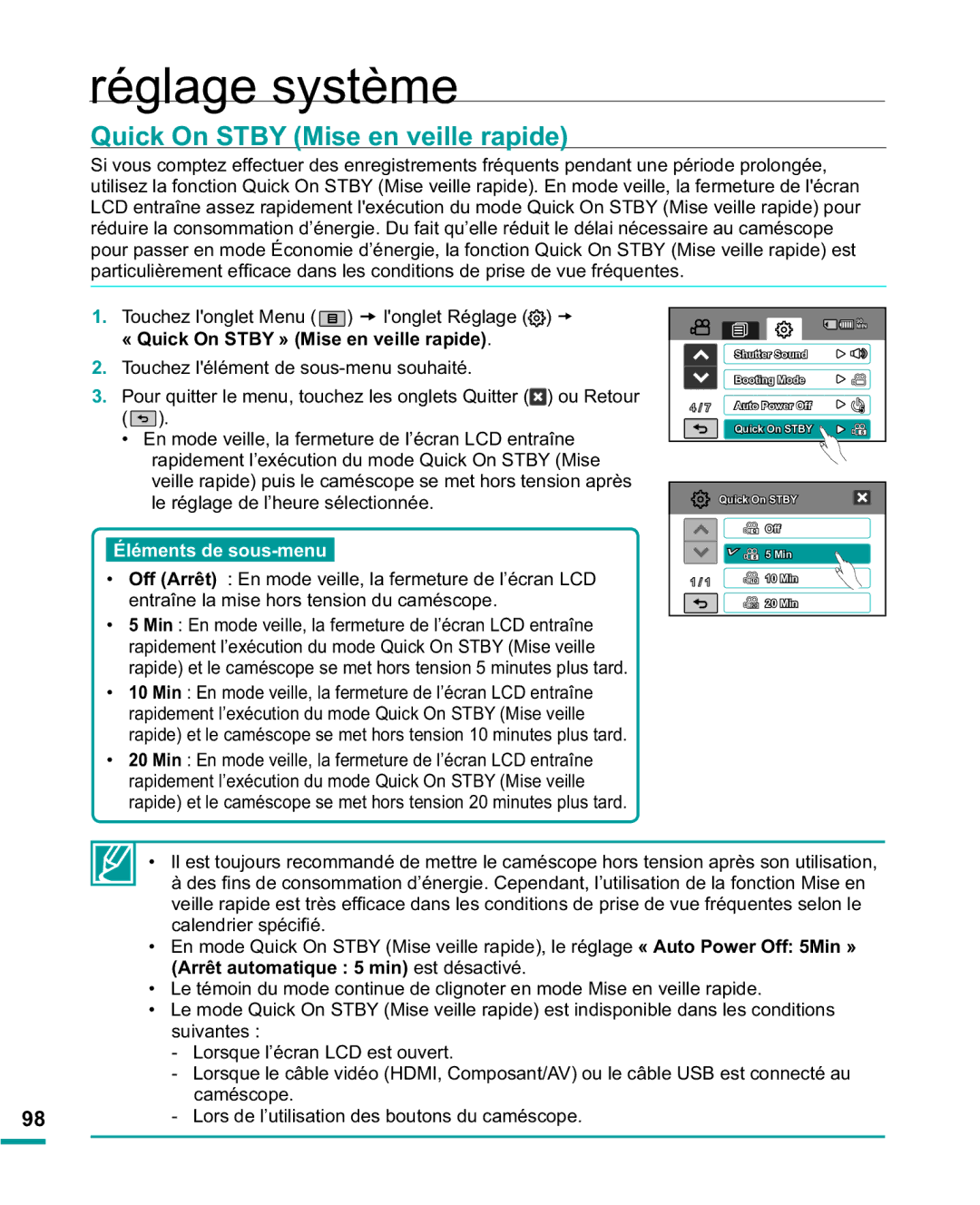 Samsung HMX-R10BP/EDC, HMX-R10SP/EDC manual Quick On Stby Mise en veille rapide, « Quick On Stby » Mise en veille rapide 