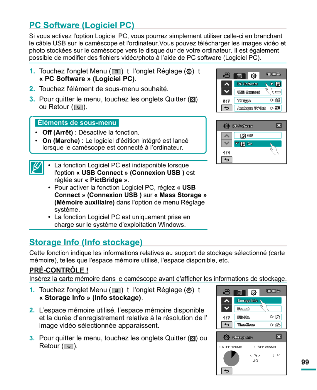 Samsung HMX-R10SP/EDC, HMX-R10BP/EDC manual PC Software Logiciel PC, Storage Info Info stockage, « PC Software » Logiciel PC 