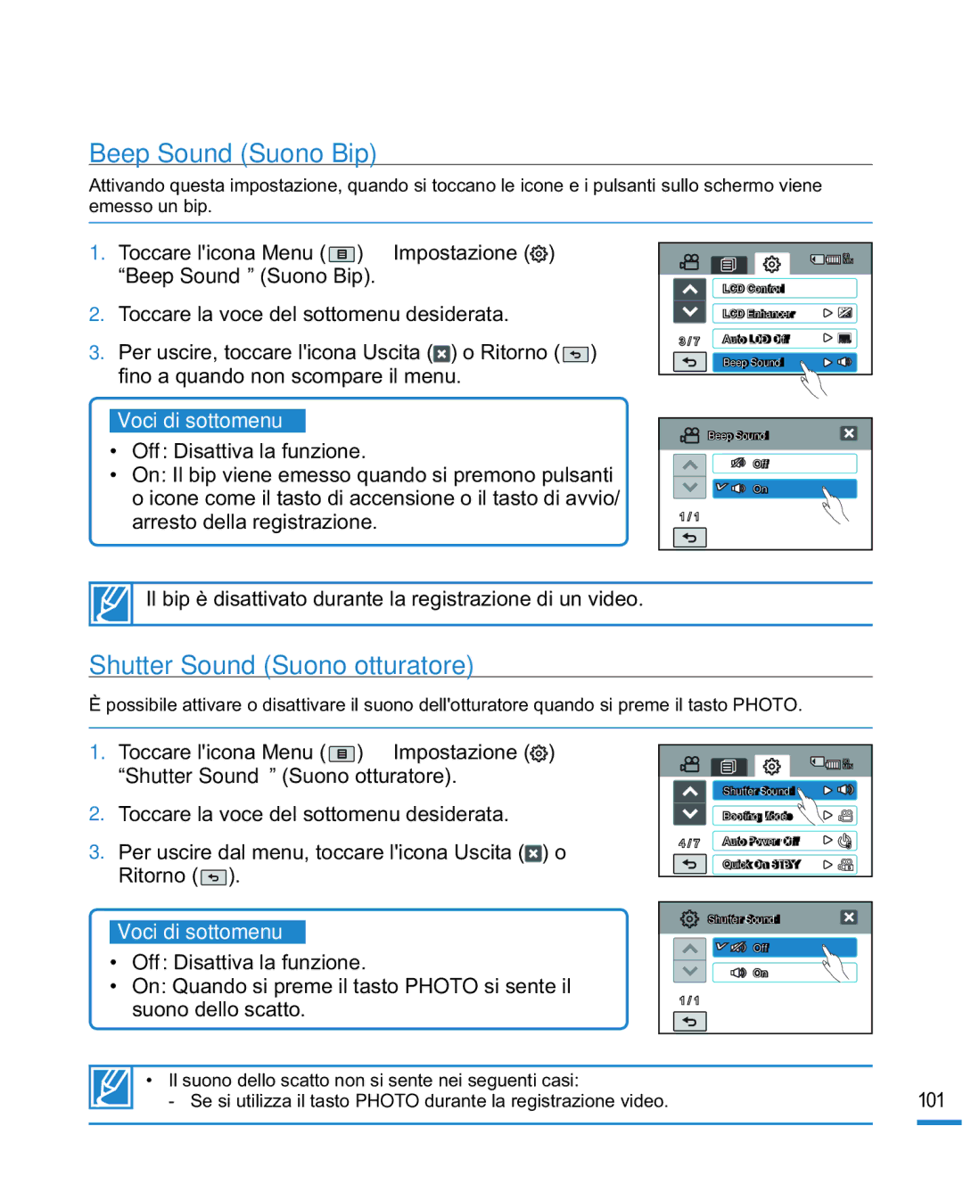 Samsung HMX-R10SP/EDC, HMX-R10BP/EDC manual Beep Sound Suono Bip, Shutter Sound Suono otturatore 