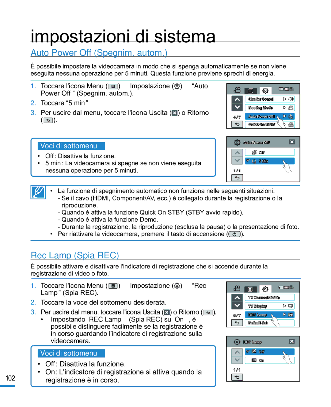 Samsung HMX-R10BP/EDC, HMX-R10SP/EDC manual Auto Power Off Spegnim. autom, Rec Lamp Spia REC 