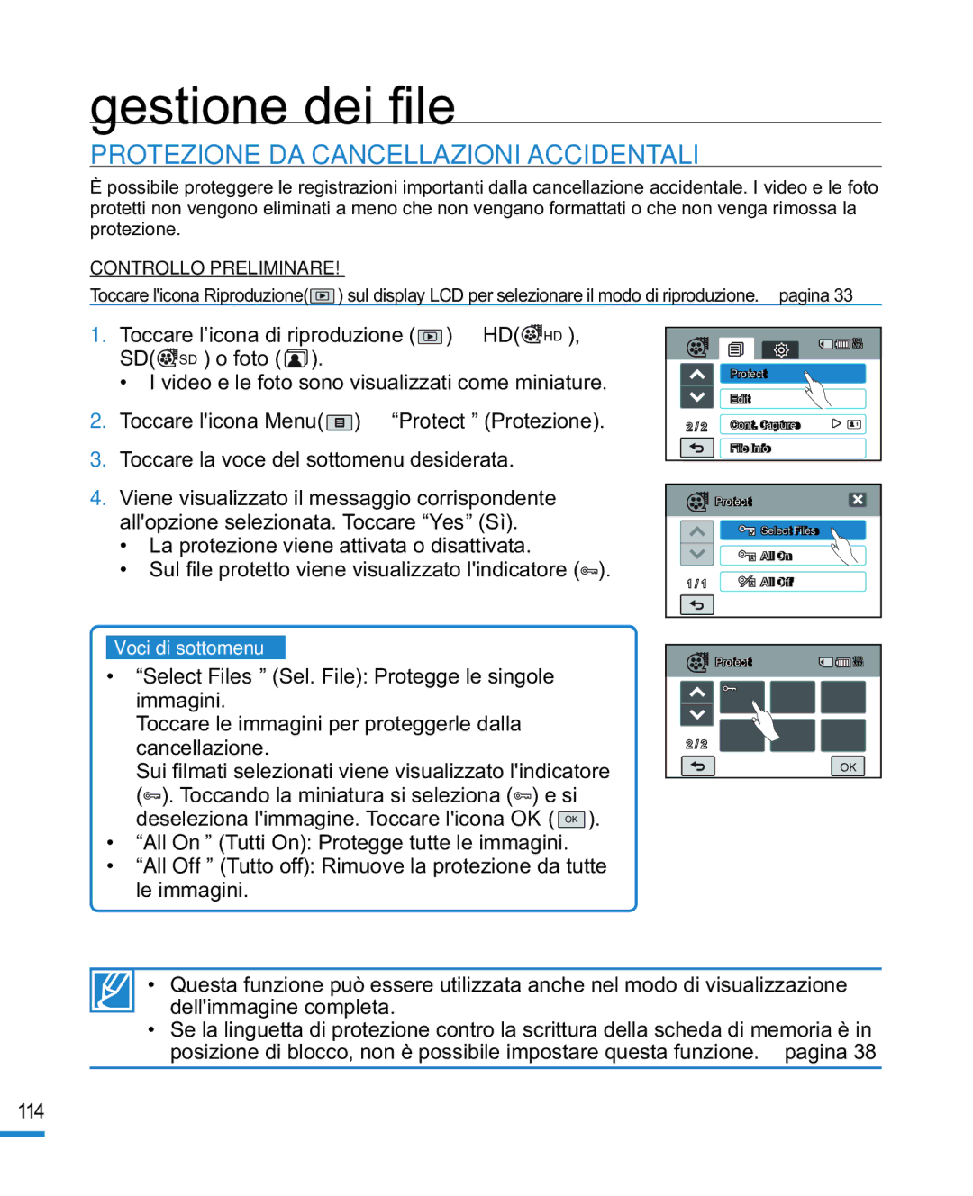 Samsung HMX-R10BP/EDC, HMX-R10SP/EDC manual Gestione dei ﬁle, Protezione DA Cancellazioni Accidentali 