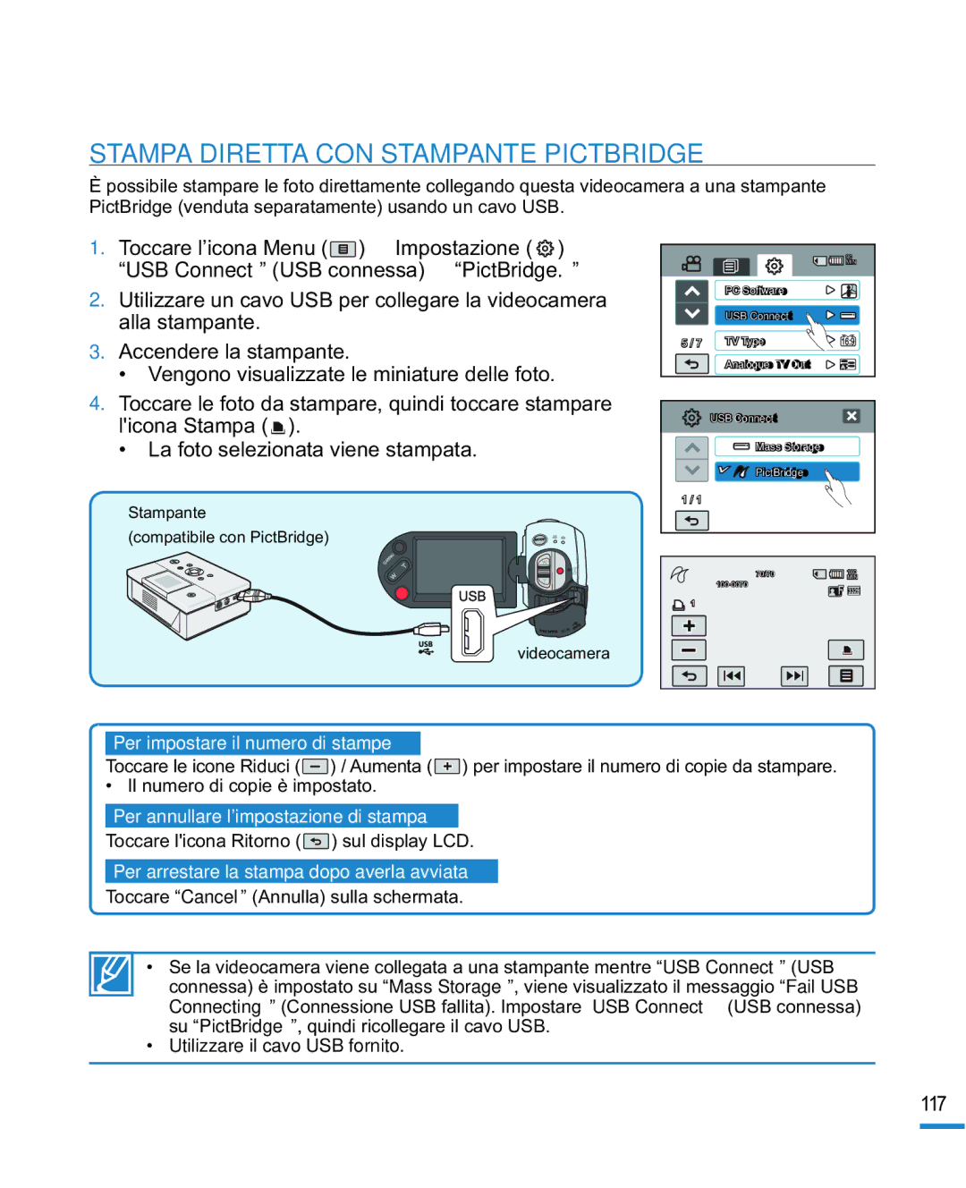 Samsung HMX-R10SP/EDC, HMX-R10BP/EDC manual Stampa Diretta CON Stampante Pictbridge, Utilizzare il cavo USB fornito 