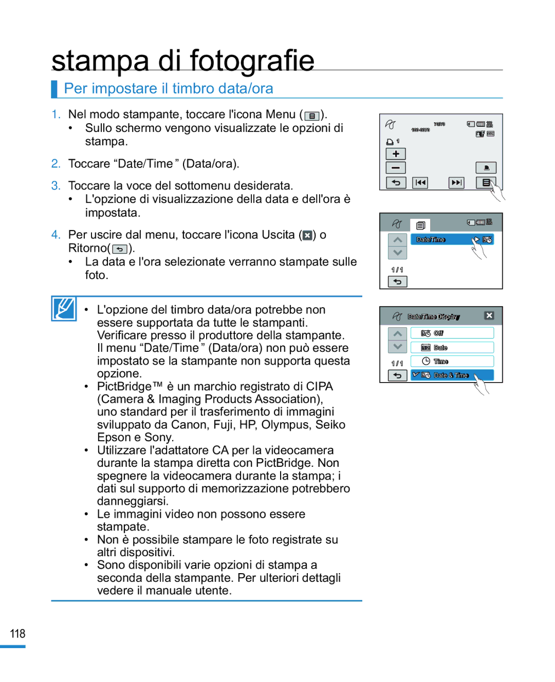 Samsung HMX-R10BP/EDC, HMX-R10SP/EDC manual Stampa di fotograﬁ e, Per impostare il timbro data/ora 