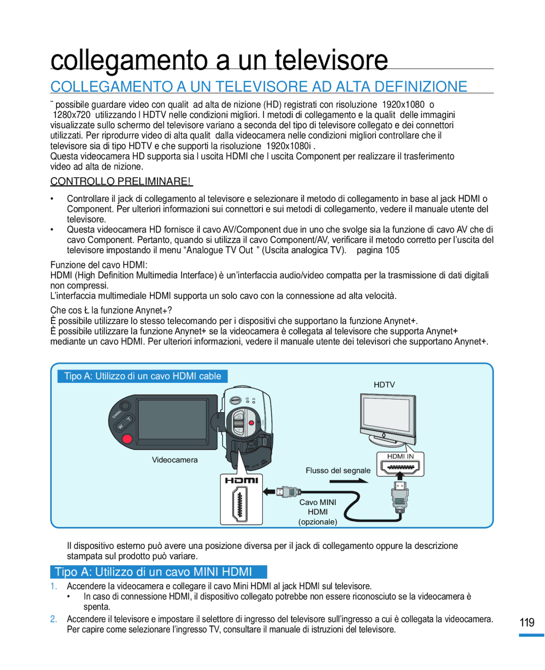 Samsung HMX-R10SP/EDC, HMX-R10BP/EDC manual Collegamento a un televisore, Collegamento a UN Televisore AD Alta Definizione 