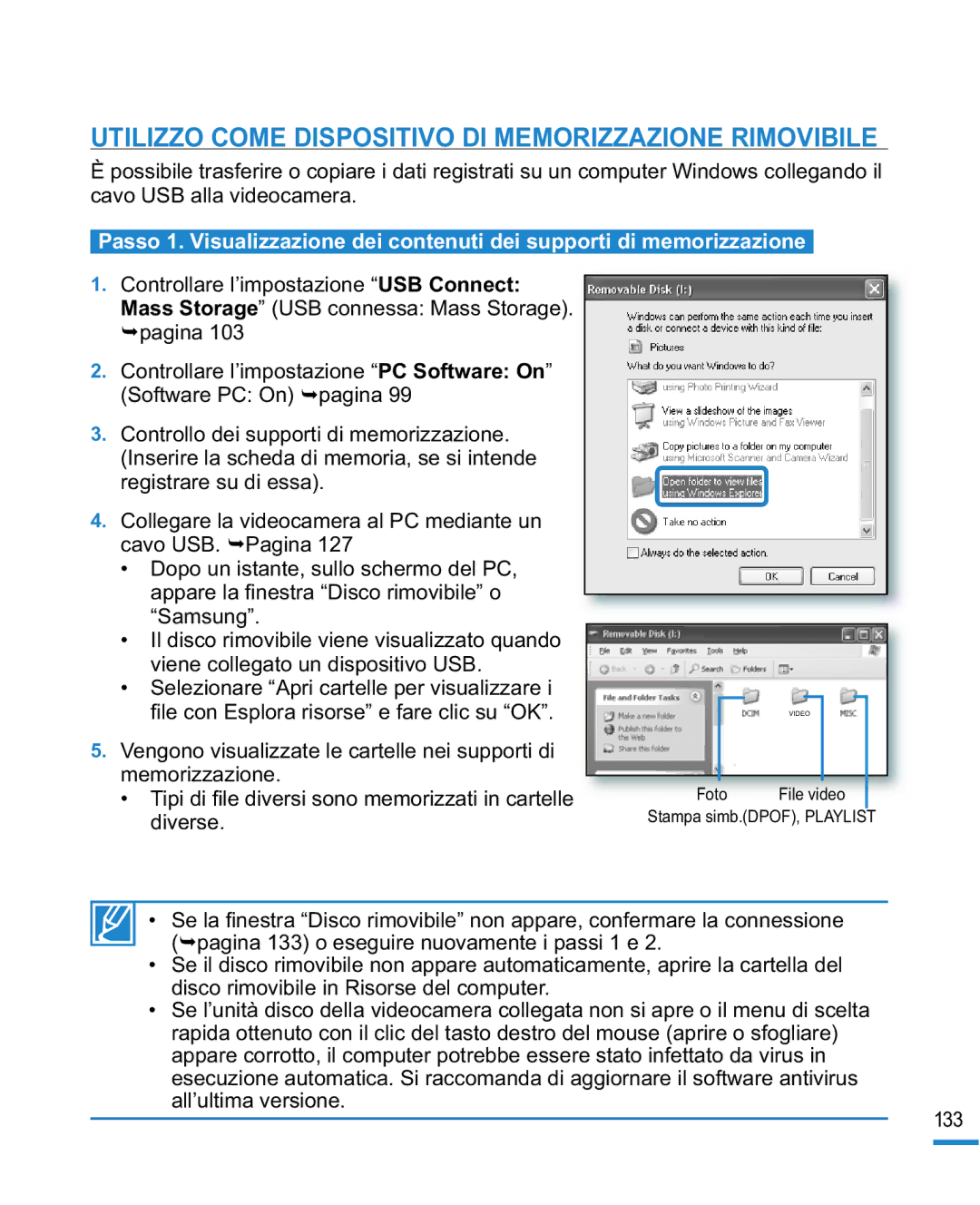 Samsung HMX-R10SP/EDC, HMX-R10BP/EDC manual Utilizzo Come Dispositivo DI Memorizzazione Rimovibile 