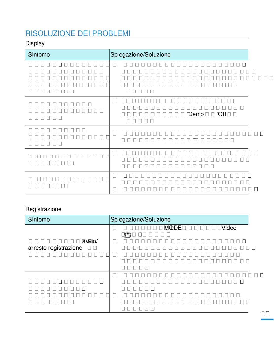 Samsung HMX-R10SP/EDC, HMX-R10BP/EDC Display Sintomo Spiegazione/Soluzione, Registrazione Sintomo Spiegazione/Soluzione 