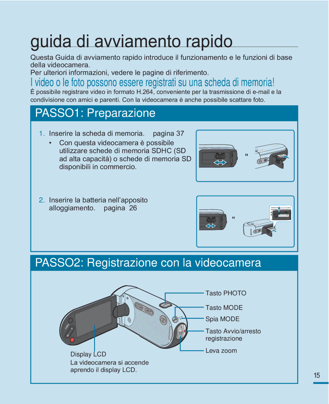 Samsung HMX-R10SP/EDC, HMX-R10BP/EDC Guida di avviamento rapido, Display LCD, Tasto Photo Tasto Mode Spia Mode, Leva zoom 