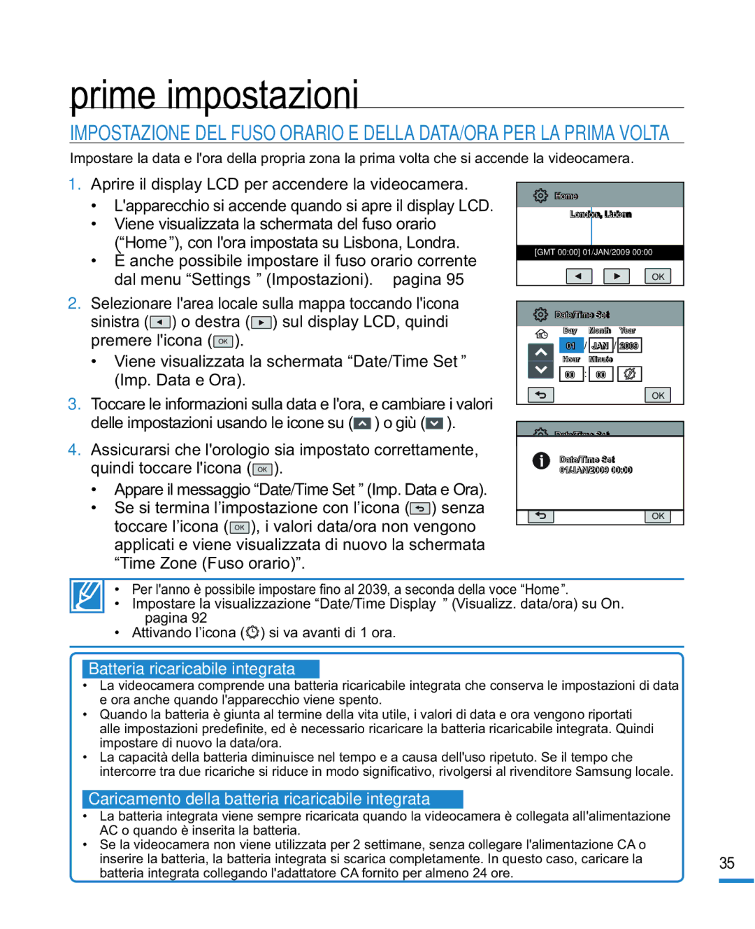 Samsung HMX-R10SP/EDC, HMX-R10BP/EDC manual Prime impostazioni, Batteria ricaricabile integrata 