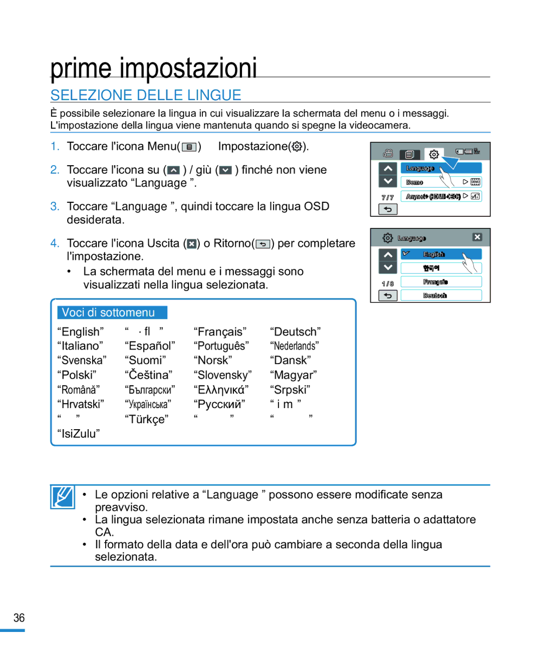 Samsung HMX-R10BP/EDC, HMX-R10SP/EDC manual Selezione Delle Lingue, Voci di sottomenu 