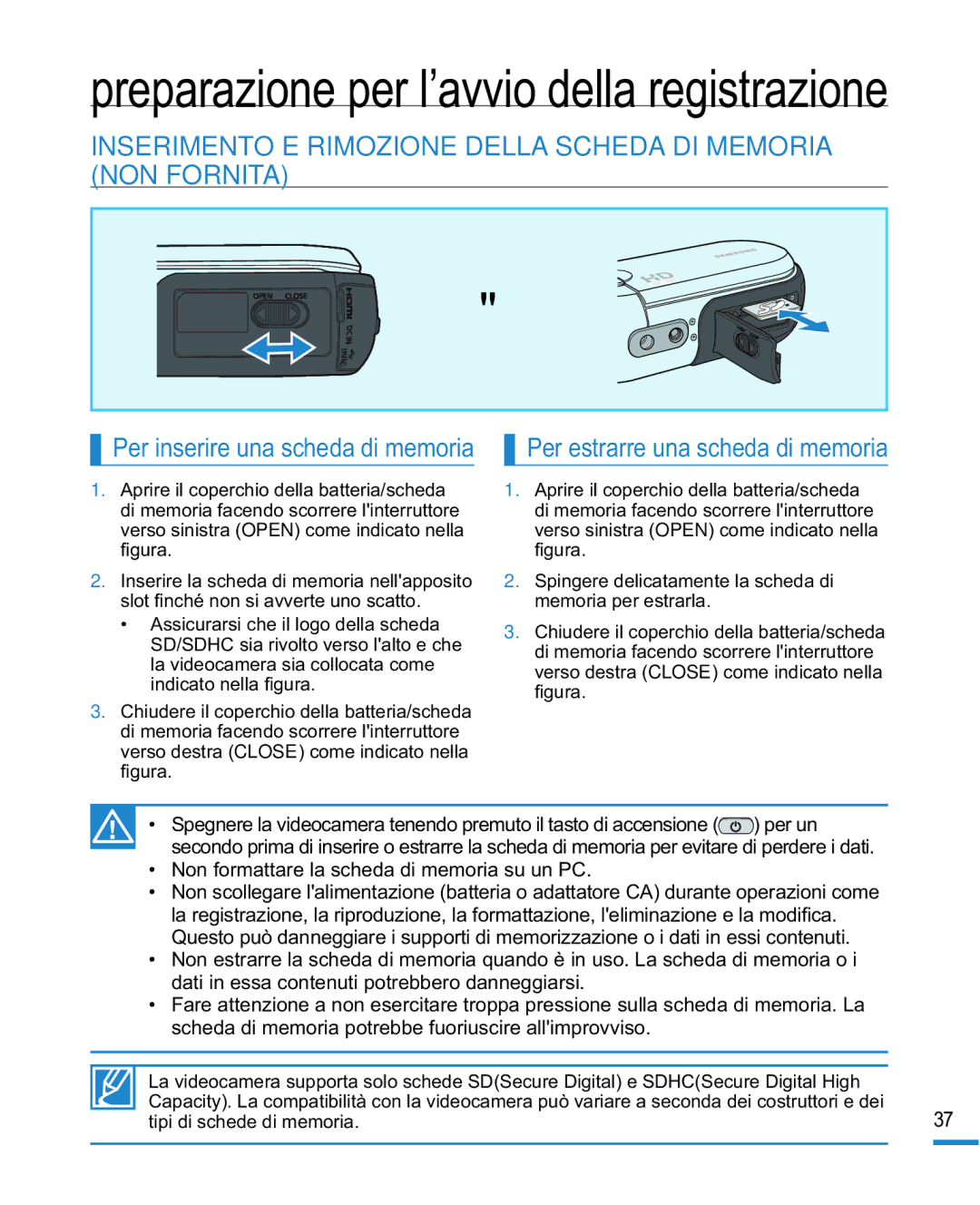 Samsung HMX-R10SP/EDC, HMX-R10BP/EDC manual Preparazione per l’avvio della registrazione 