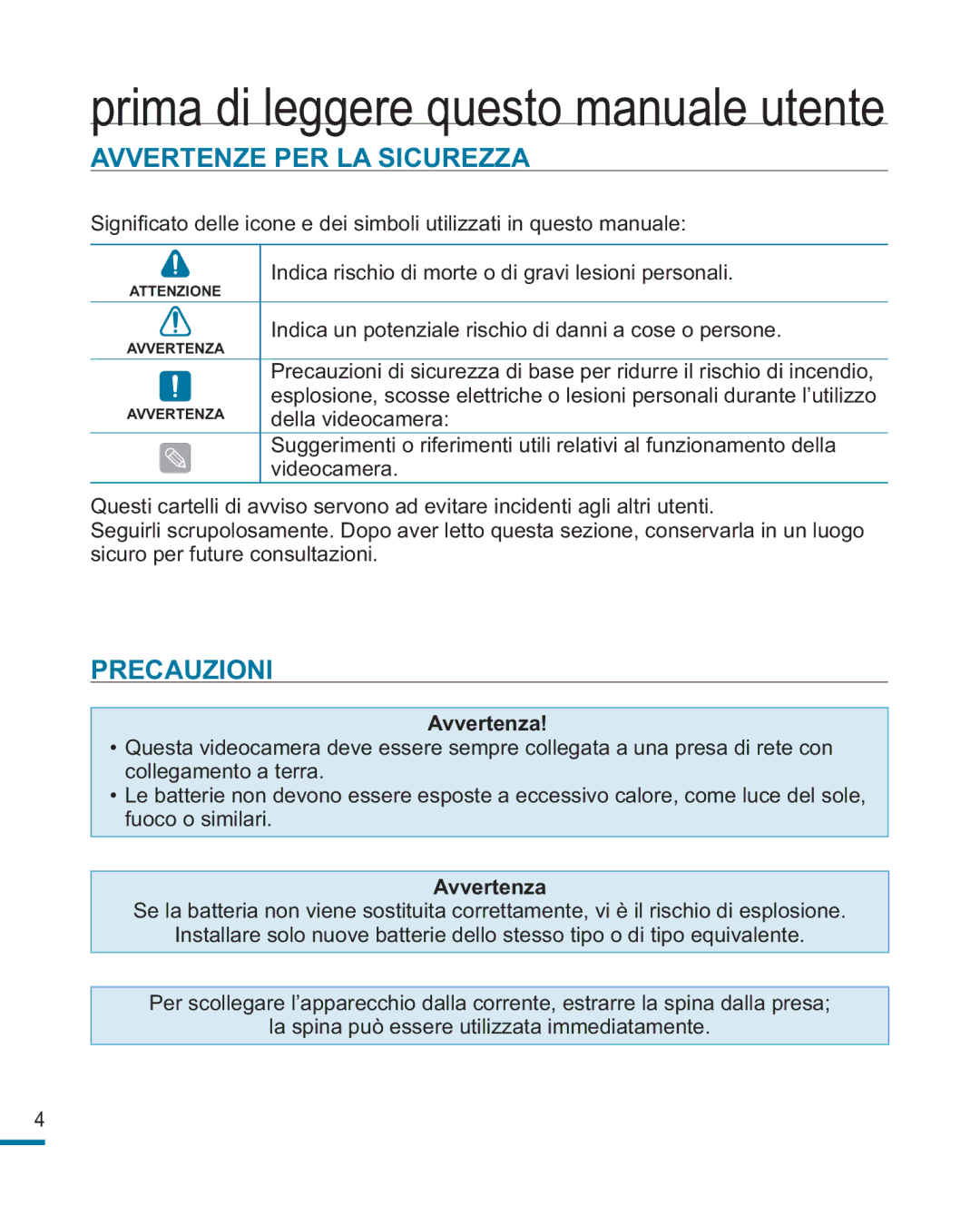 Samsung HMX-R10BP/EDC, HMX-R10SP/EDC manual Avvertenze PER LA Sicurezza, Precauzioni, Avvertenza 