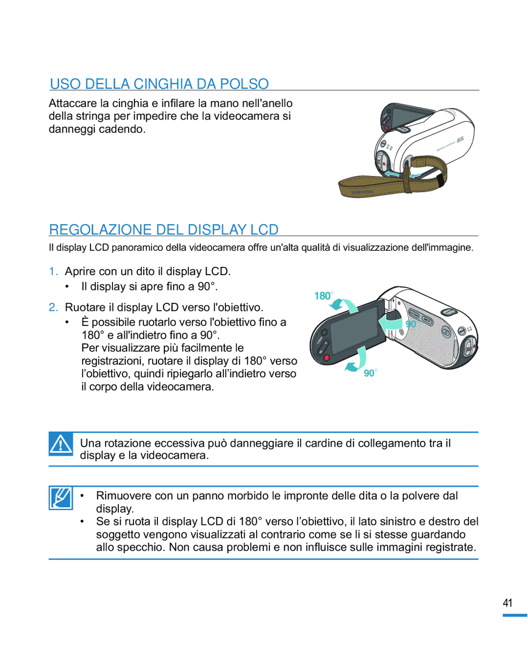 Samsung HMX-R10SP/EDC, HMX-R10BP/EDC manual USO Della Cinghia DA Polso, Regolazione DEL Display LCD 