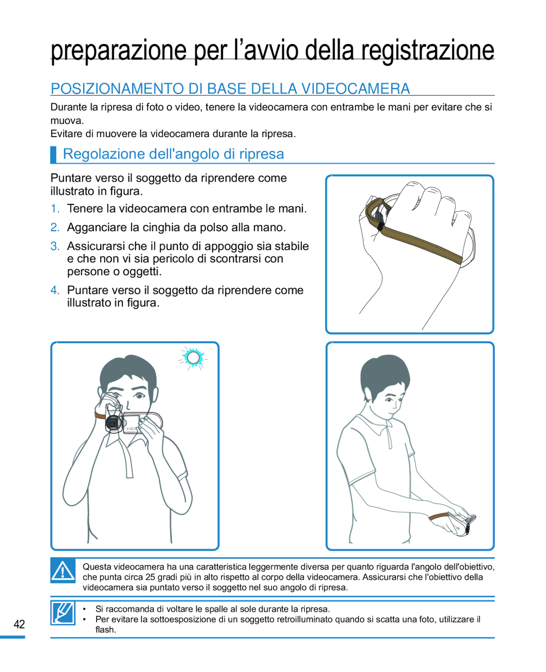 Samsung HMX-R10BP/EDC, HMX-R10SP/EDC manual Posizionamento DI Base Della Videocamera, Regolazione dellangolo di ripresa 