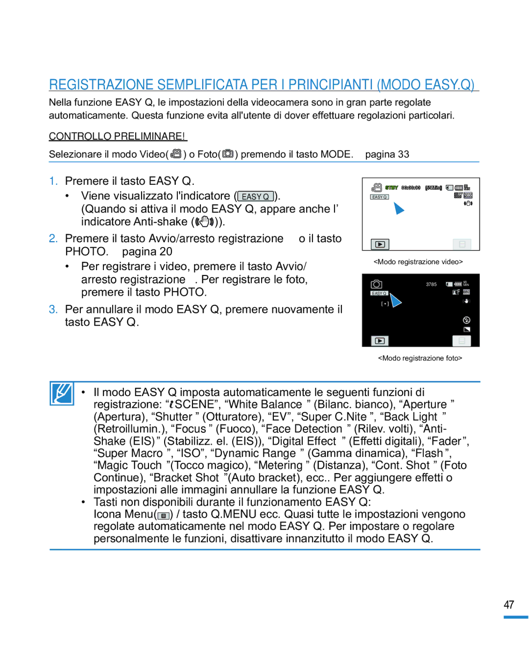 Samsung HMX-R10SP/EDC, HMX-R10BP/EDC manual Registrazione Semplificata PER I Principianti Modo EASY.Q 