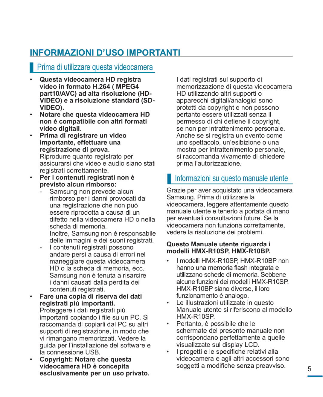 Samsung HMX-R10SP/EDC, HMX-R10BP/EDC Informazioni D’USO Importanti, Informazioni su questo manuale utente 