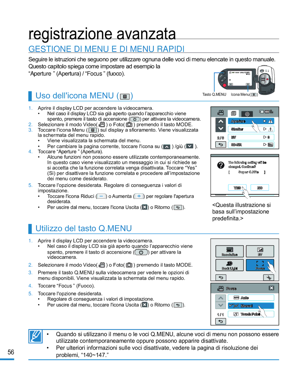 Samsung HMX-R10BP/EDC, HMX-R10SP/EDC manual Registrazione avanzata, Gestione DI Menu E DI Menu Rapidi, Uso dellicona Menu 