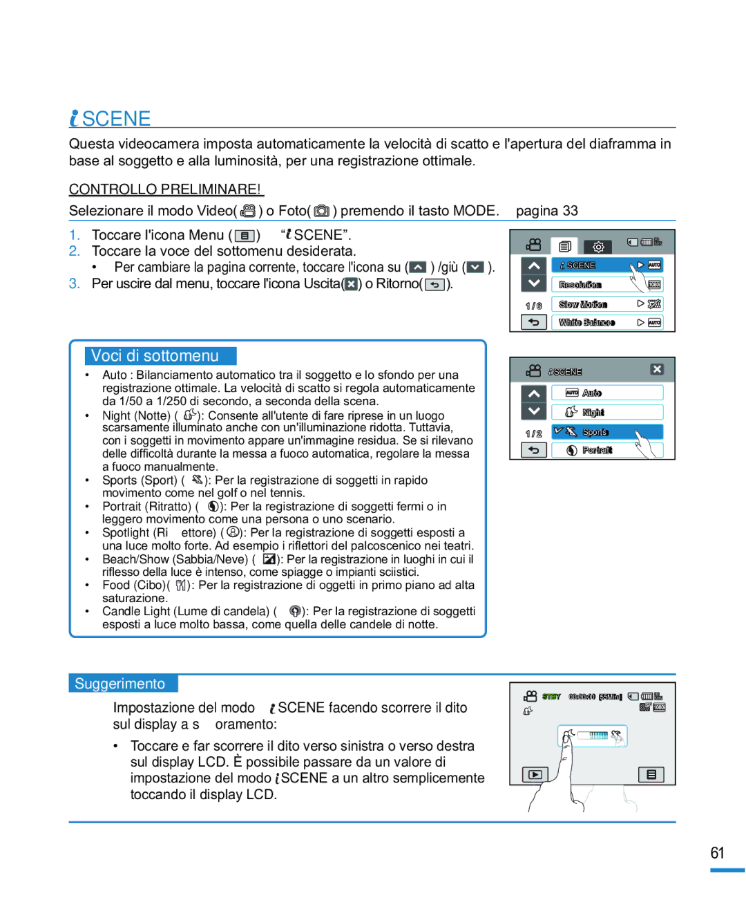 Samsung HMX-R10SP/EDC, HMX-R10BP/EDC manual Scene, Voci di sottomenu 