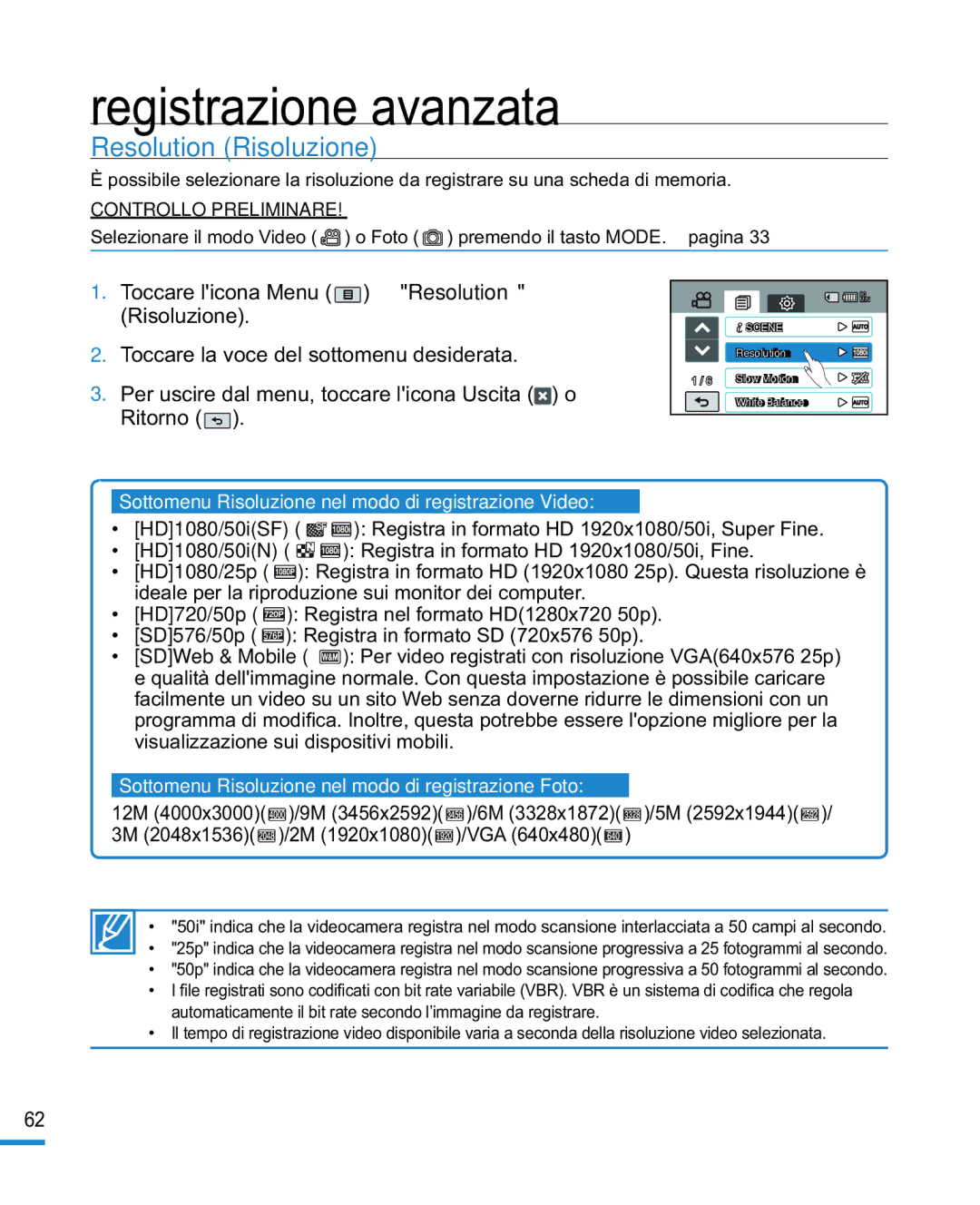 Samsung HMX-R10BP/EDC, HMX-R10SP/EDC manual Resolution Risoluzione, Sottomenu Risoluzione nel modo di registrazione Video 