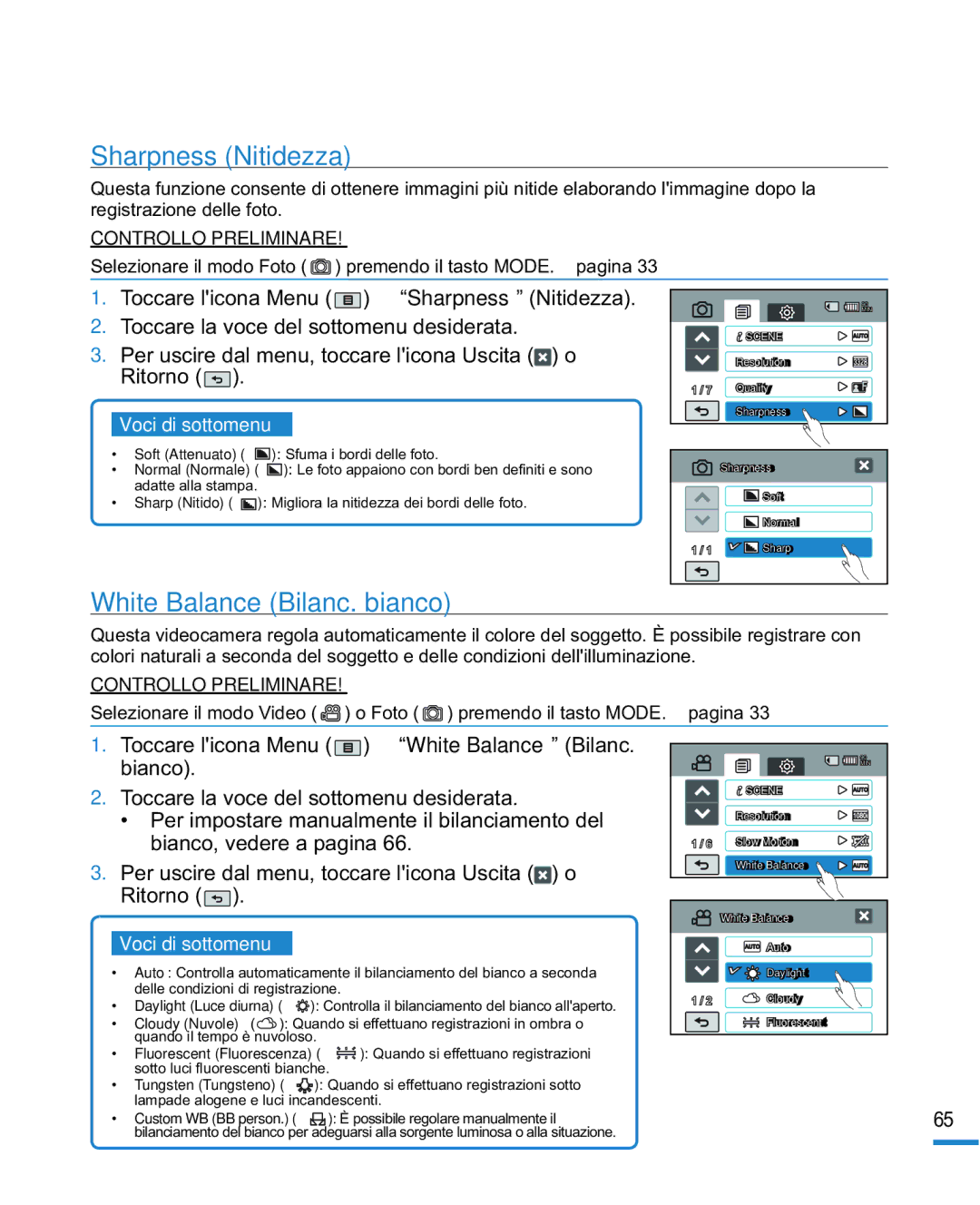 Samsung HMX-R10SP/EDC, HMX-R10BP/EDC manual Sharpness Nitidezza, White Balance Bilanc. bianco 