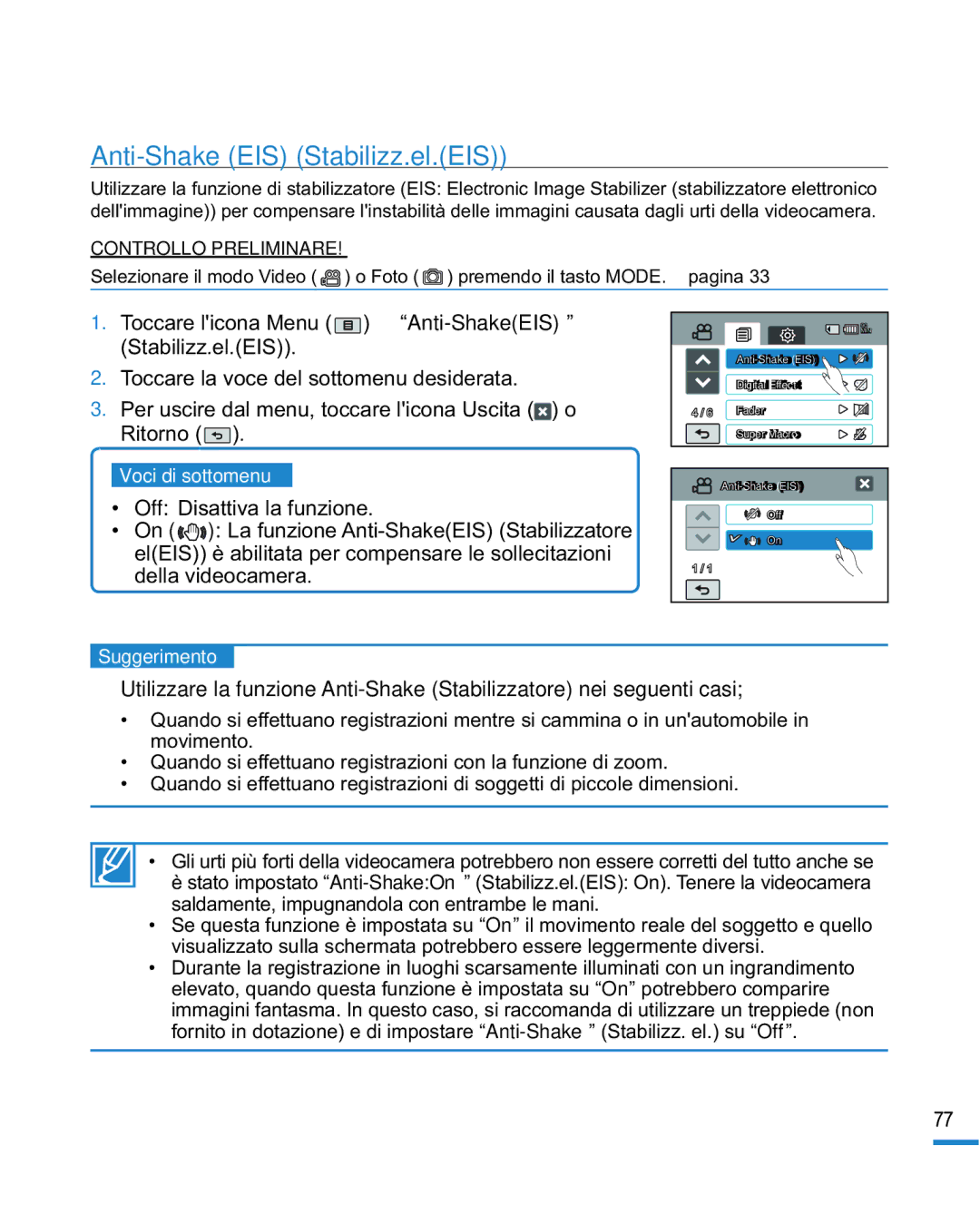 Samsung HMX-R10SP/EDC, HMX-R10BP/EDC manual Anti-Shake EIS Stabilizz.el.EIS 