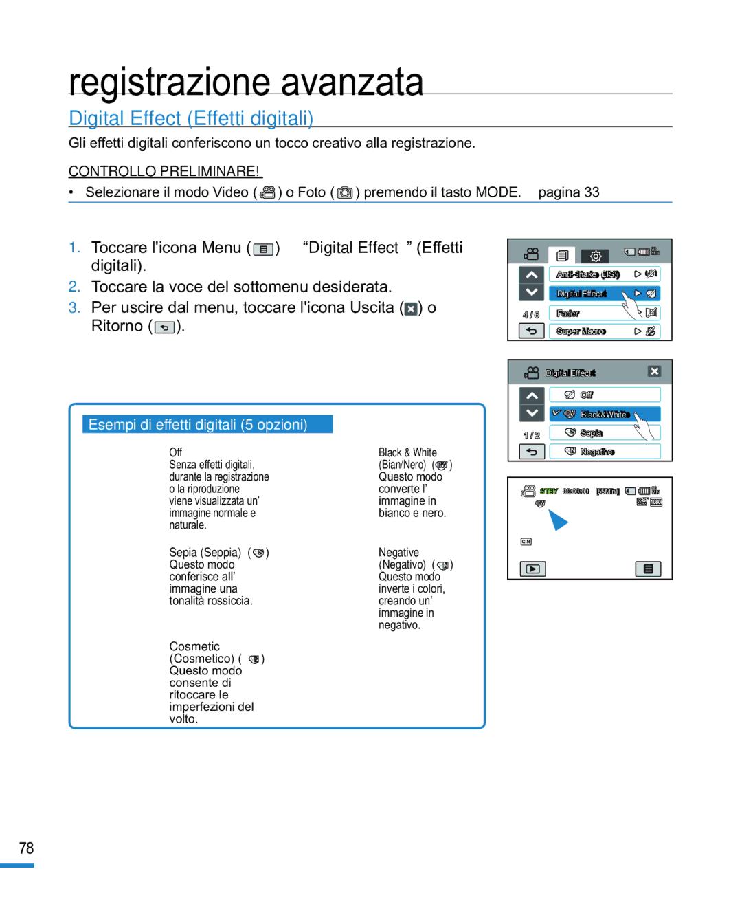 Samsung HMX-R10BP/EDC, HMX-R10SP/EDC manual Digital Effect Effetti digitali, Esempi di effetti digitali 5 opzioni 