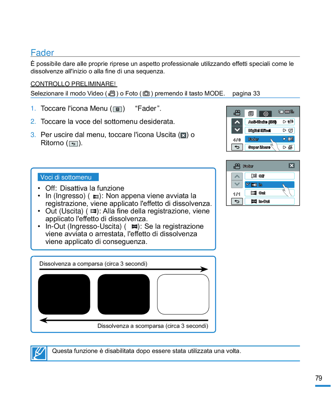 Samsung HMX-R10SP/EDC, HMX-R10BP/EDC manual Fader, Off Disattiva la funzione 