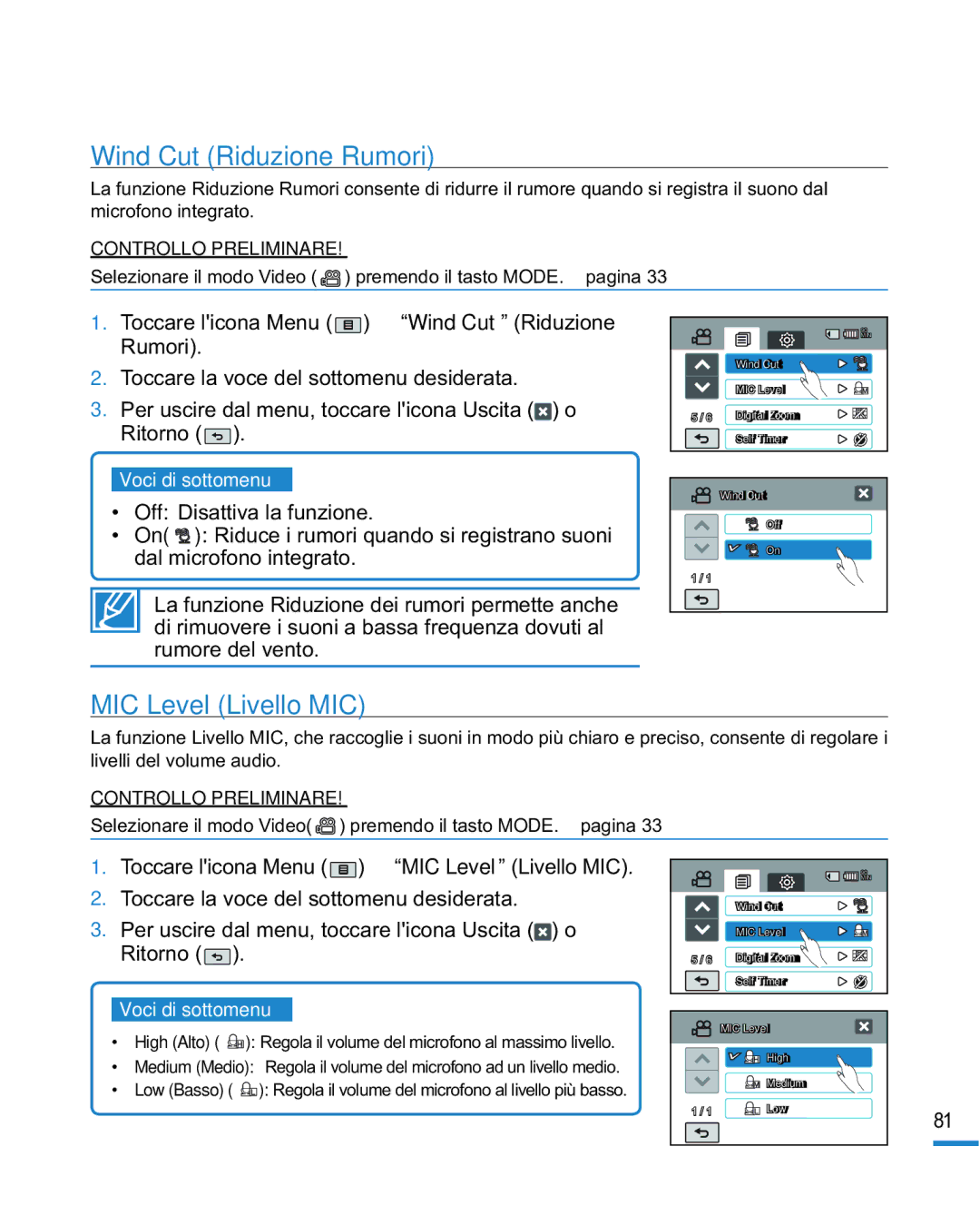 Samsung HMX-R10SP/EDC, HMX-R10BP/EDC manual Wind Cut Riduzione Rumori, MIC Level Livello MIC 