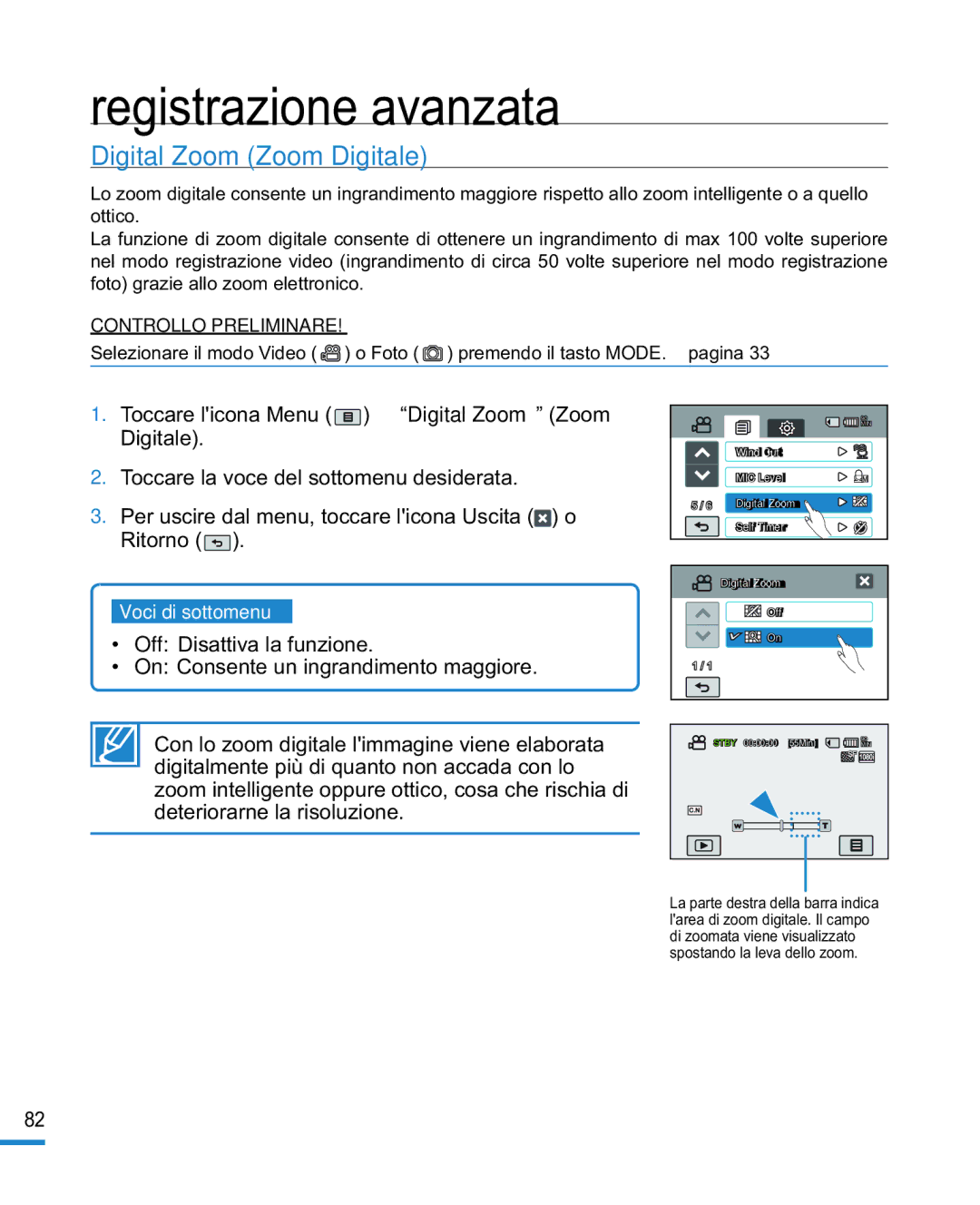 Samsung HMX-R10BP/EDC, HMX-R10SP/EDC manual Digital Zoom Zoom Digitale 