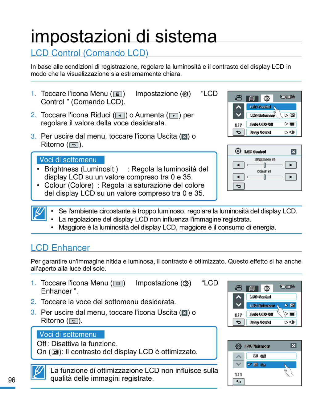 Samsung HMX-R10BP/EDC, HMX-R10SP/EDC manual LCD Control Comando LCD, LCD Enhancer 