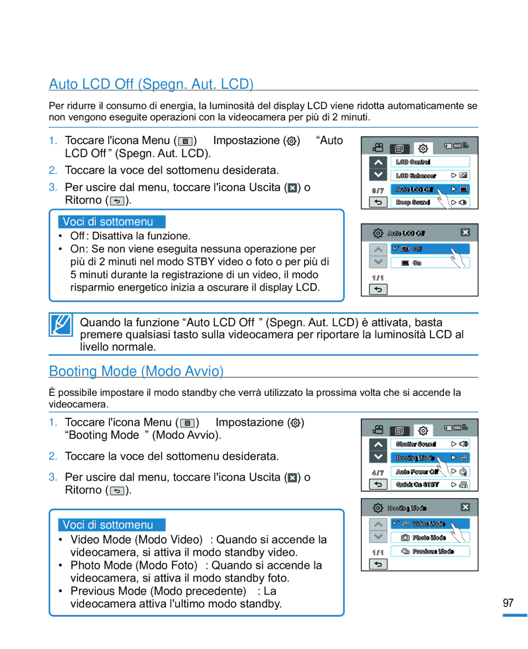 Samsung HMX-R10SP/EDC, HMX-R10BP/EDC manual Auto LCD Off Spegn. Aut. LCD, Booting Mode Modo Avvio 