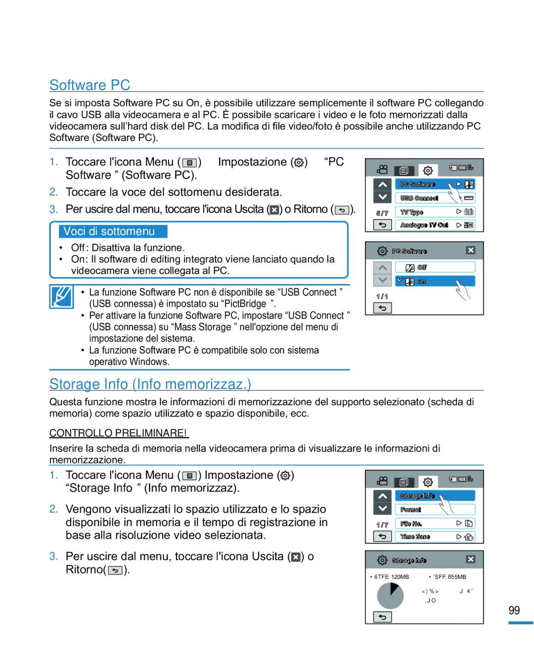 Samsung HMX-R10SP/EDC, HMX-R10BP/EDC manual Software PC, Storage Info Info memorizzaz 