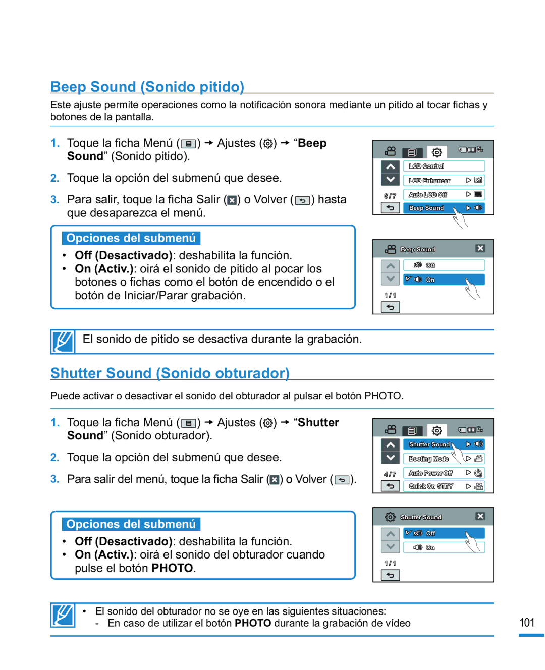 Samsung HMX-R10SP/EDC, HMX-R10BP/EDC manual Beep Sound Sonido pitido, Shutter Sound Sonido obturador 