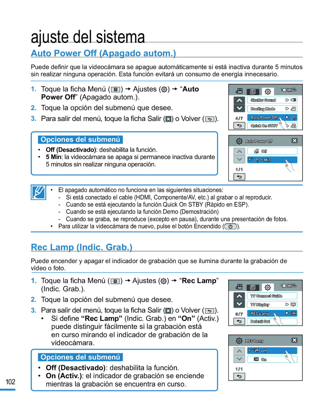 Samsung HMX-R10BP/EDC, HMX-R10SP/EDC manual Auto Power Off Apagado autom, Rec Lamp Indic. Grab 