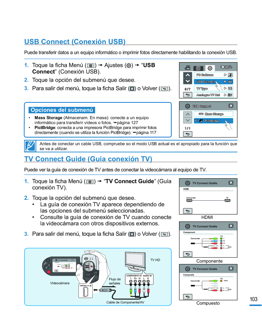 Samsung HMX-R10SP/EDC, HMX-R10BP/EDC manual USB Connect Conexión USB, TV Connect Guide Guía conexión TV, 103 