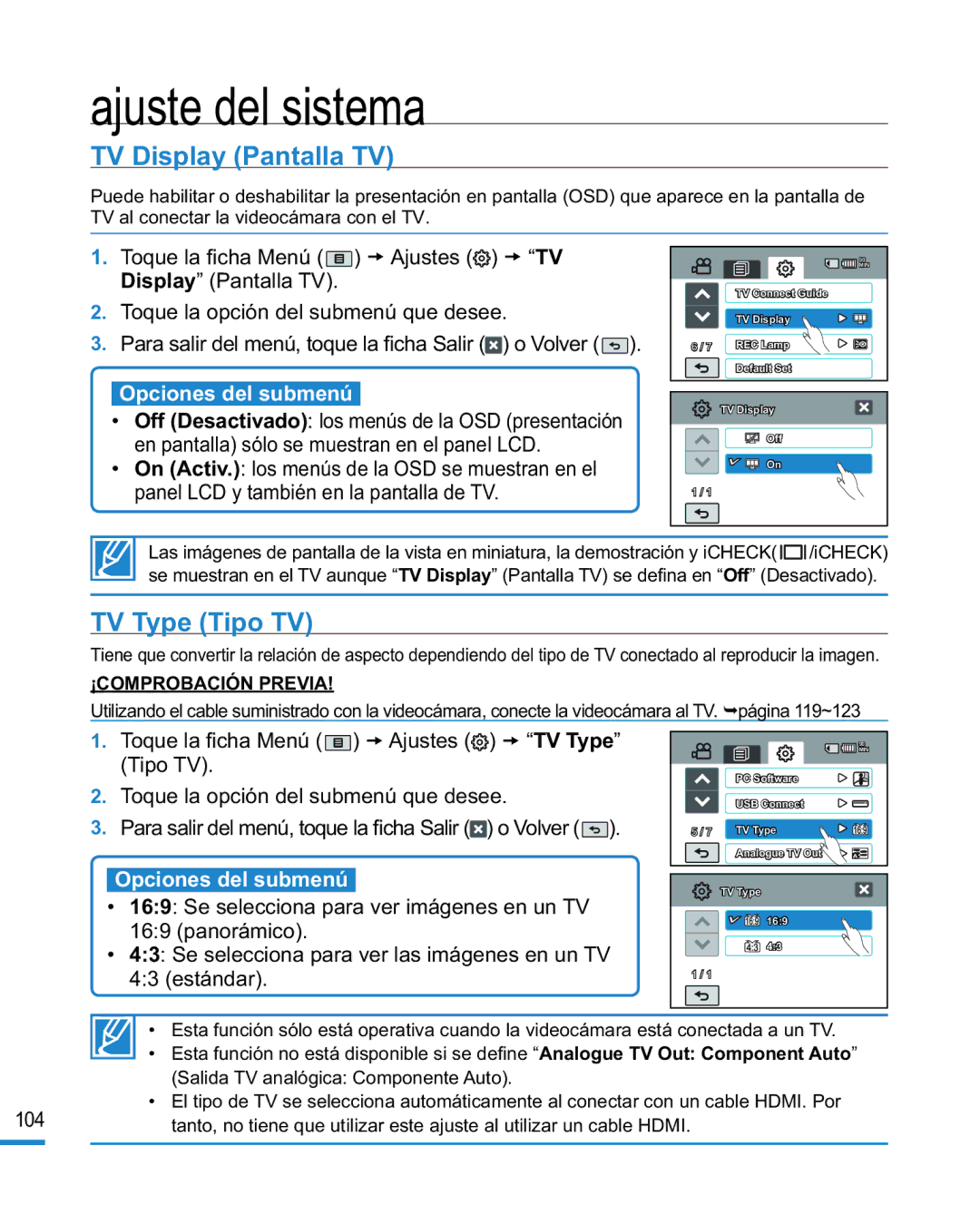 Samsung HMX-R10BP/EDC, HMX-R10SP/EDC manual TV Display Pantalla TV, TV Type Tipo TV 