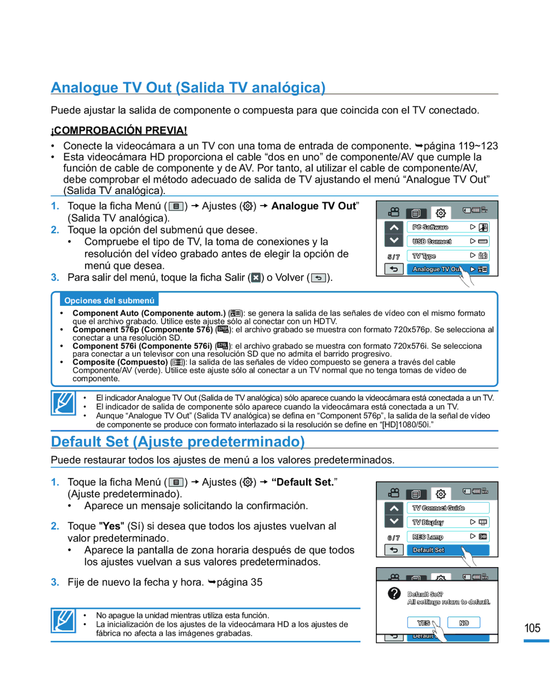 Samsung HMX-R10SP/EDC, HMX-R10BP/EDC manual Analogue TV Out Salida TV analógica, Default Set Ajuste predeterminado, 105 