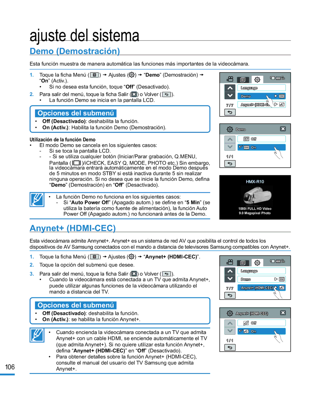 Samsung HMX-R10BP/EDC, HMX-R10SP/EDC manual Demo Demostración, Anynet+ HDMI-CEC 