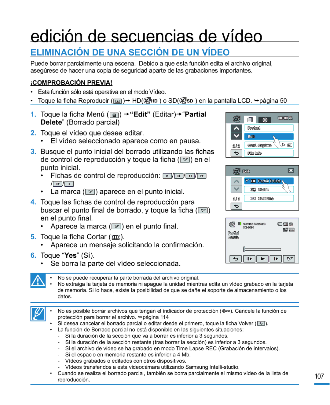 Samsung HMX-R10SP/EDC, HMX-R10BP/EDC manual Edición de secuencias de vídeo, Eliminación DE UNA Sección DE UN Vídeo 