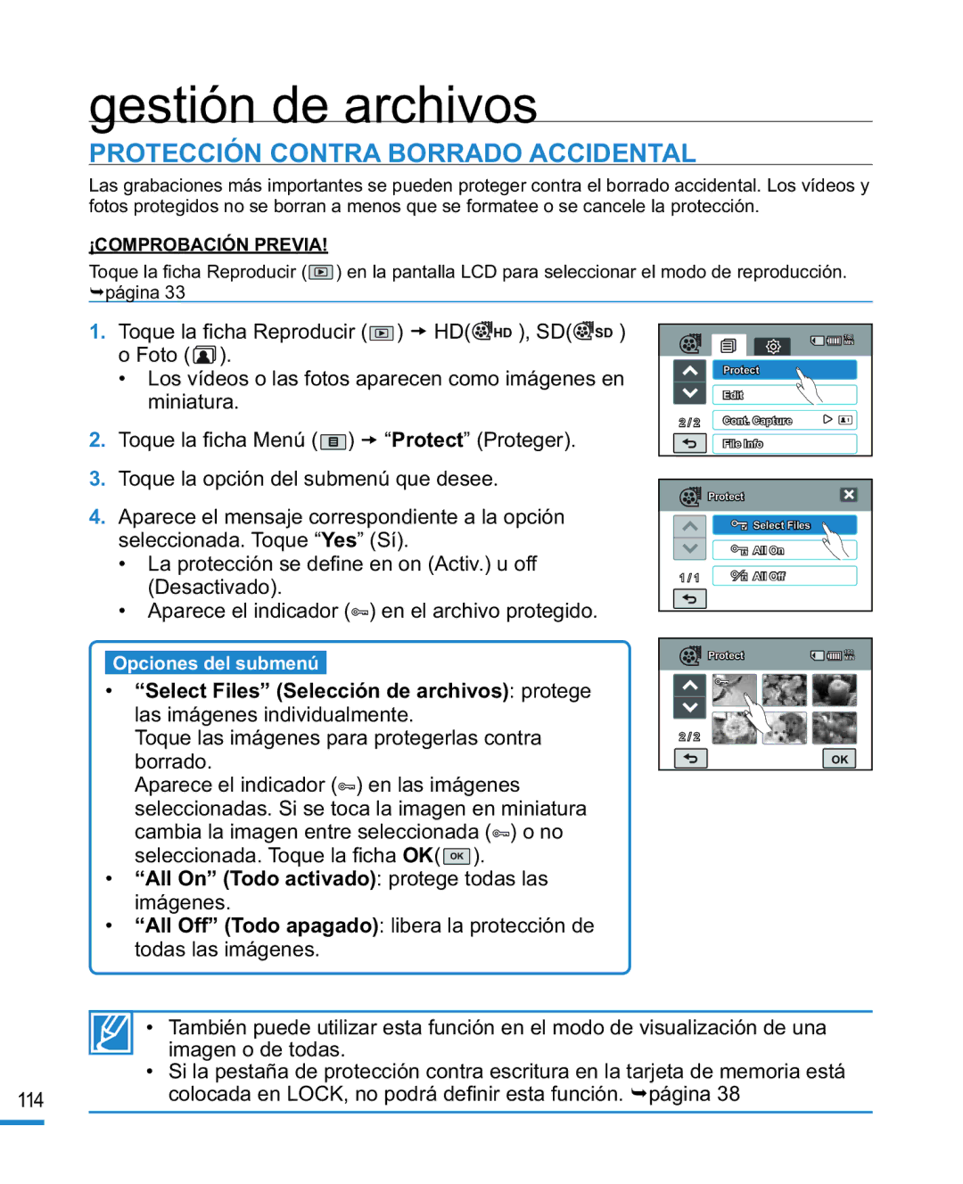 Samsung HMX-R10BP/EDC, HMX-R10SP/EDC manual Gestión de archivos, Protección Contra Borrado Accidental 