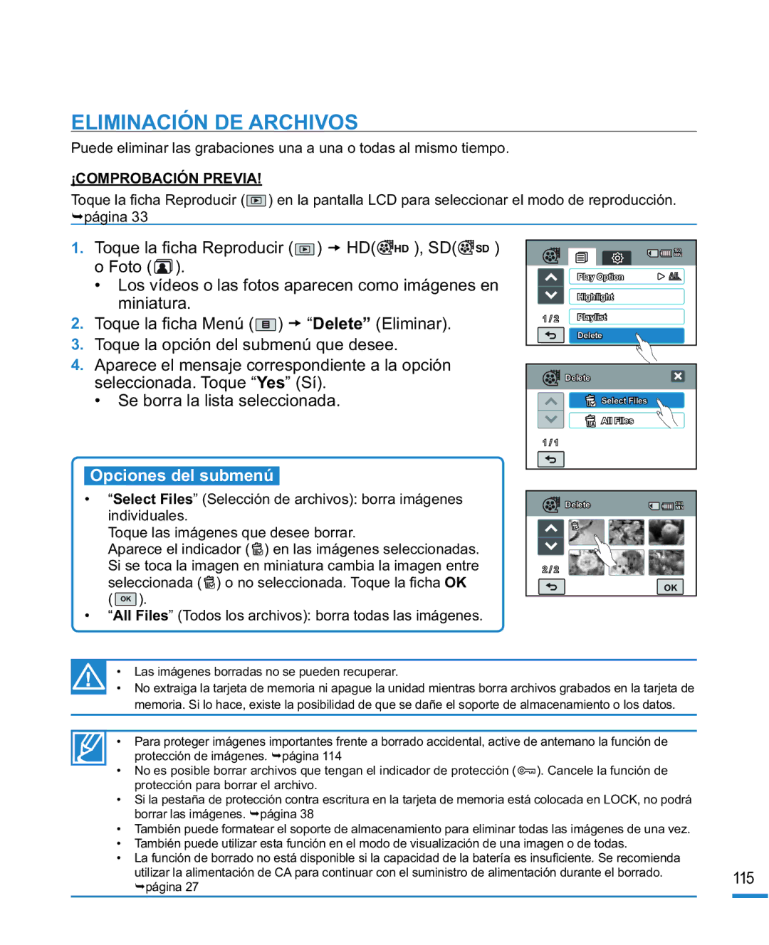 Samsung HMX-R10SP/EDC, HMX-R10BP/EDC manual Eliminación DE Archivos, Opciones del submenú 