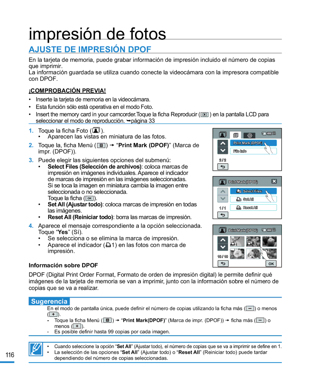 Samsung HMX-R10BP/EDC, HMX-R10SP/EDC manual Impresión de fotos, Ajuste DE Impresión Dpof, Sugerencia 